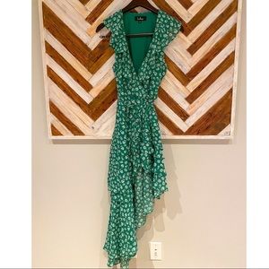 Green Floral Print Ruffled Wrap Midi Dress